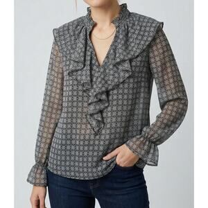 LOFT Petites Small Petites SP Sheer Gray Pattern Blouse Ruffle Neckline Sleeves